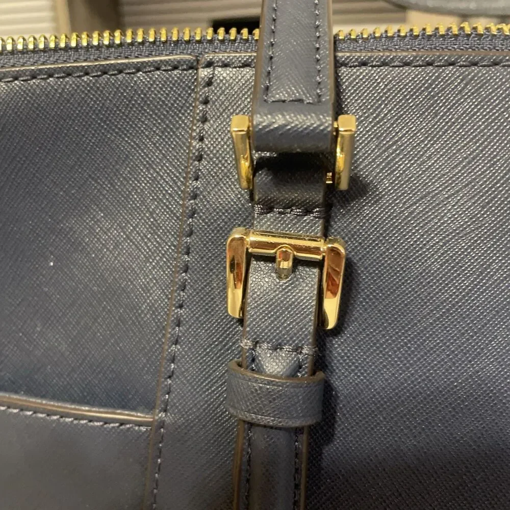 Michael Kors Navy Zip Top Large Tote Bag Gold Hardware Logo Charm Pockets